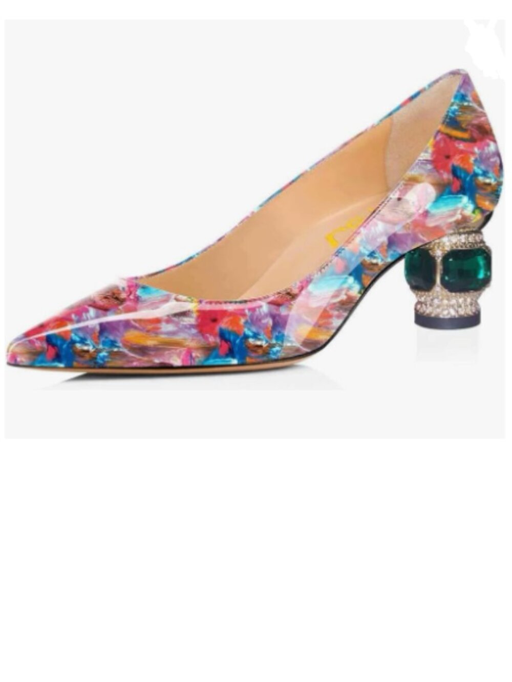 FSJ Multi Floral Bridal Pointed Toe Chunky Low Heel Crystal Pumps Slip on Shoes